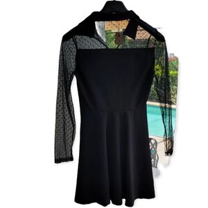 Shein Dobby Mesh Yoke Flare Hem Dress with Lace Long Sleeves Black Size Meium.